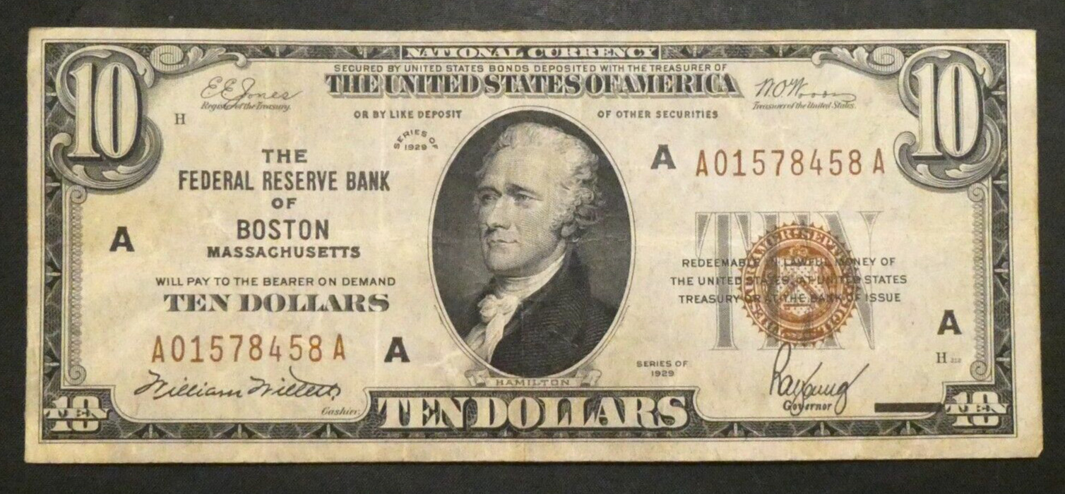 1929 $10 US National Currency Boston Note Bill Paper Money